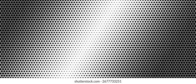 Textura de gradiente de meio-tom hexágono. Fundo preto abstrato grunge. Sobreposição de tecnologia de meio-tom retro geométrico. Tela de fundo de padrão hexagonal ondulado esmaecida. Ilustração de vetor
