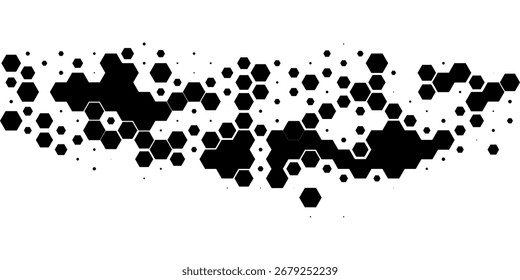 Textura de gradiente de semitono hexagonal. Abstractas fondo negro grunge. Superposición geométrica de tecnología de semitonos retro. Fondo de patrón hexagonal ondulado desvanecido. Vector

