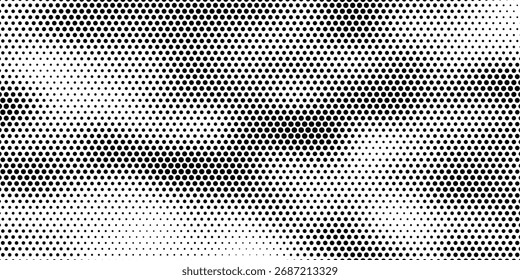 Textura de gradiente de semitono hexagonal. Abstractas fondo negro grunge. Superposición geométrica de tecnología de semitonos retro. Fondo de patrón hexagonal ondulado desvanecido. Ilustración vectorial