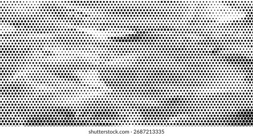 Textura de gradiente de semitono hexagonal. Abstractas fondo negro grunge. Superposición geométrica de tecnología de semitonos retro. Fondo de patrón hexagonal ondulado desvanecido. Ilustración vectorial