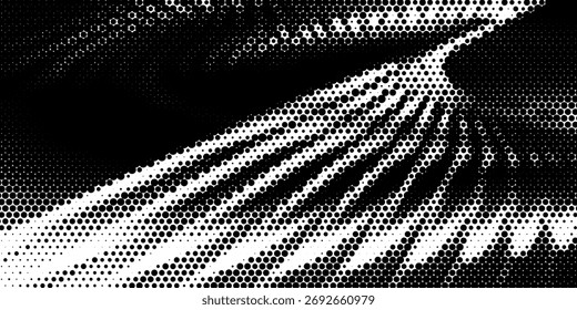 Textura de gradiente de semitono hexagonal. Abstractas fondo negro grunge. Superposición geométrica de tecnología de semitonos retro. Fondo de patrón hexagonal ondulado desvanecido. Vector que desaparece Honeycomb Grunge bitmap Fondo de pantalla 