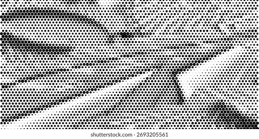 Hexagon halftone gradient texture. Abstract black grunge background. Geometric retro halftone tech overlay. Fading wavy hexagonal pattern backdrop. Vector vanishing honeycomb grunge bitmap wallpaper