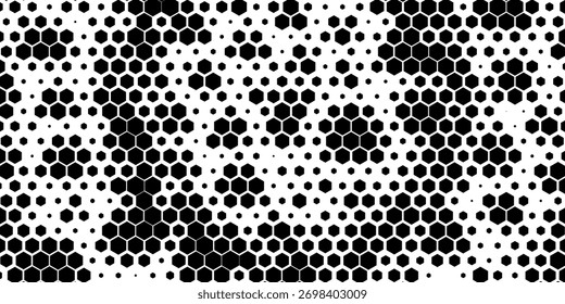 Hexagon halftone gradient texture. Abstract black grunge background. Geometric retro halftone tech overlay. Fading wavy hexagonal pattern backdrop. Vector vanishing honeycomb grunge bitmap wallpaper