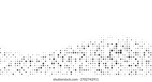 Hexagon halftone gradient texture. Abstract black grunge background. Geometric retro halftone tech overlay. Fading wavy hexagonal pattern backdrop. Vector vanishing honeycomb grunge bitmap wallpaper