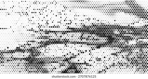 Textura de gradiente de meio-tom hexágono. Fundo preto abstrato grunge. Sobreposição de tecnologia de meio-tom retro geométrico. Tela de fundo de padrão hexagonal ondulado esmaecida. Papel de parede de bitmap grunge de favo de mel de desaparecimento de vetor