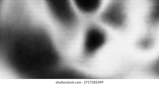 Textura de gradiente de meio-tom hexágono. Fundo preto abstrato grunge. Sobreposição de tecnologia de meio-tom retro geométrico. Tela de fundo de padrão hexagonal ondulado esmaecida. Papel de parede de bitmap grunge de favo de mel de desaparecimento de vetor