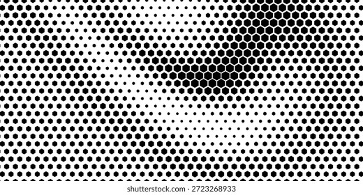 Sechseck-Rastergradientenstruktur. Abstrakter schwarzer farbiger Hintergrund. Geometrisches Retro-Halbton-Tech-Overlay. Verblassende wellenförmige sechseckige Muster Hintergrund. Vektor verschwindende Wabengrunge Bitmap Tapete