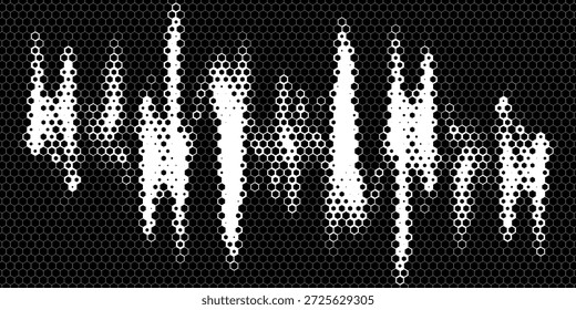 Textura de gradiente de meio-tom hexágono. Fundo preto abstrato grunge. Sobreposição de tecnologia de meio-tom retro geométrico. Tela de fundo de padrão hexagonal ondulado esmaecida. Papel de parede de bitmap grunge de favo de mel de desaparecimento de vetor	