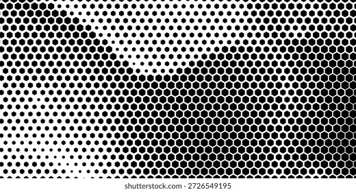 Textura de gradiente de meio-tom hexágono. Resumo preto branco hex fundo grunge. Papel de parede geométrico retro tech. Tela de fundo de padrão hexagonal ondulado esmaecida. Sobreposição de grunge em favo de mel de desaparecimento de vetor