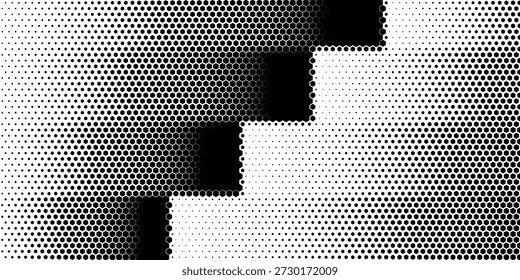 Hexagon halftone gradient texture. Abstract black grunge background. Geometric retro halftone tech overlay. Fading wavy hexagonal pattern backdrop. Vector vanishing honeycomb grunge bitmap wallpaper