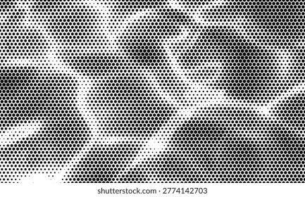Hexagon halftone gradient texture. Abstract black grunge background. Geometric retro halftone tech overlay. Fading wavy hexagonal pattern backdrop. Vector vanishing honeycomb grunge bitmap wallpaper