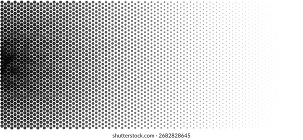 Hexagon halftone honeycomb, left dense, right fade, gradient vibe. Abstract grid background, data theme. Use banner, website header, slide, print. Minimal geometric style. Vector illustration