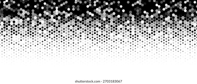 Borde superior de semitono hexagonal, patrón de panal blanco negro, fondo geométrico de tecnología con espacio de copia para encabezado, Anuncio, Web, embalaje, póster, presentación. Vector de fondo