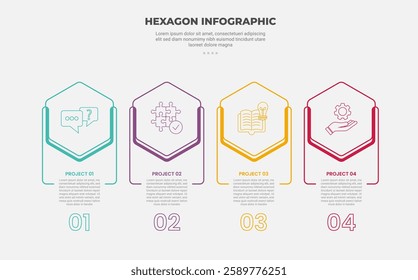 hexagon or hexagonal base shape infographic outline style with 4 point template with horizontal direction with clean square structure for slide presentation vector