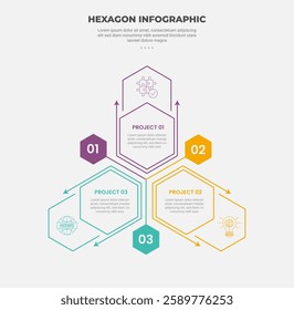 hexagon or hexagonal base shape infographic outline style with 3 point template with cycle circular balance with pyramid structure for slide presentation vector