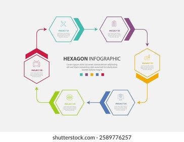hexagon or hexagonal base shape infographic outline style with 6 point template with circular cycle with arrow direction for slide presentation vector