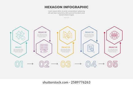 hexagon or hexagonal base shape infographic outline style with 5 point template with creative horizontal direction with line connection accessories for slide presentation vector