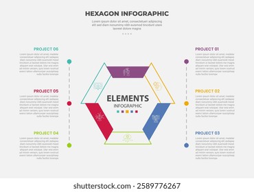 hexagon or hexagonal base shape infographic outline style with 6 point template with big hexagon centered with stacked list description for slide presentation vector