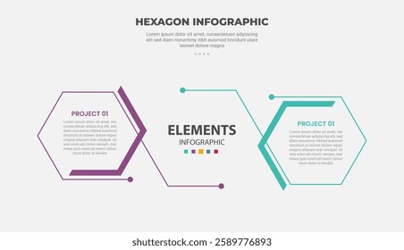 hexagon or hexagonal base shape infographic outline style with 2 point template with comparison box oppossite direction for slide presentation vector