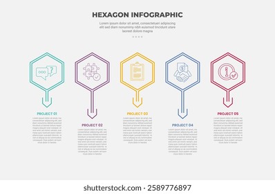 hexagon or hexagonal base shape infographic outline style with 5 point template with horizontal direction with arrow bottom direction for slide presentation vector