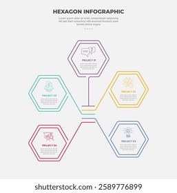 hexagon or hexagonal base shape infographic outline style with 5 point template with hexagon centered line cycle circular for slide presentation vector