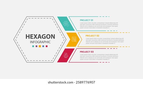 hexagon or hexagonal base shape infographic outline style with 3 point template with big hexagon left and slice cut list container for slide presentation vector