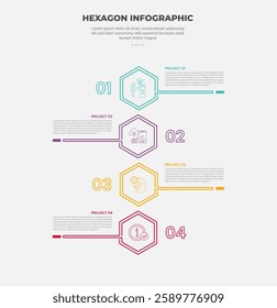 hexagon or hexagonal base shape infographic outline style with 4 point template with vertical stacked list with opposite direction for slide presentation vector