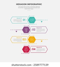 hexagon or hexagonal base shape infographic outline style with 4 point template with stacked list with opposite direction for slide presentation vector