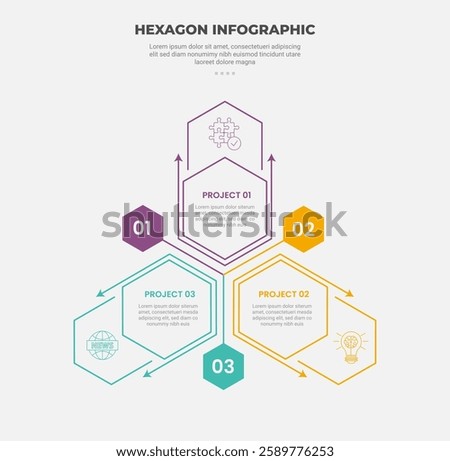 hexagon or hexagonal base shape infographic outline style with 3 point template with cycle circular balance with pyramid structure for slide presentation vector