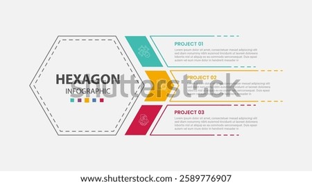 hexagon or hexagonal base shape infographic outline style with 3 point template with big hexagon left and slice cut list container for slide presentation vector