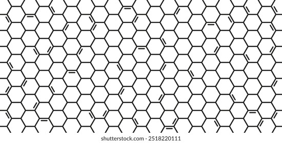 Hexágono, células hexagonais. Molécula atômica. Ciência, energia nuclear, pesquisa científica e química molecular. Estrutura atômica, fórmula - elétron, próton, nêutron, partícula elementar do núcleo.