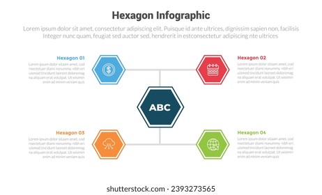 hexagon or hexagonal honeycombs shape infographics template diagram with linked with line hexagon with 4 point step creative design for slide presentation