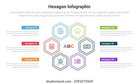 diagrama de plantillas de infografía de formas hexagonales o hexagonales con forma de círculo de flores de contorno con diseño creativo de 6 pasos para presentación de diapositivas