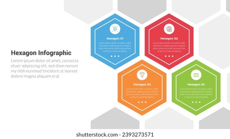 diagrama de plantillas de infografía de formas hexagonales o hexagonales con diseño completo en la parte derecha con diseño creativo de 4 pasos para presentación de diapositivas