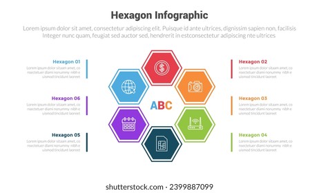 hexagon or hexagonal honeycombs shape infographics template diagram with flower shape speading with 6 point step creative design for slide presentation