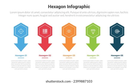 hexagon or hexagonal honeycombs shape infographics template diagram with arrow bottom direction with 5 point step creative design for slide presentation