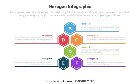 hexagon or hexagonal honeycombs shape infographics template diagram with stack vertical structure with 6 point step creative design for slide presentation