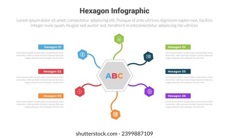 hexagon or hexagonal honeycombs shape infographics template diagram with point swerve bend line network and with 6 point step creative design for slide presentation