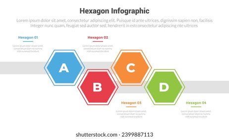 diagrama de plantillas de infografía de forma hexagonal o hexagonal con una dirección horizontal de línea de tiempo hacia arriba y hacia abajo con un diseño creativo de 4 pasos para la presentación de diapositivas