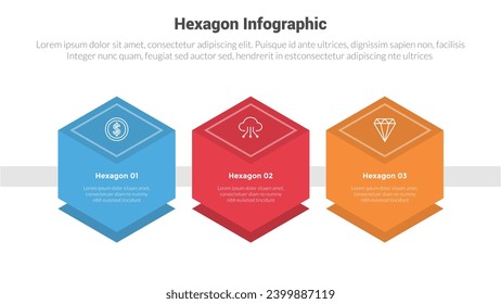 hexagon or hexagonal honeycombs shape infographics template diagram with big hexagon shape with 3d shape shadow style with 3 point step creative design for slide presentation