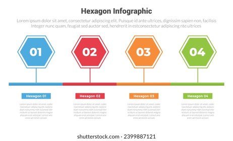 hexagon or hexagonal honeycombs shape infographics template diagram with timeline on horizontal right direction with 4 point step creative design for slide presentation