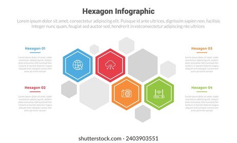 diagrama de plantillas de infografía de forma hexagonal o hexagonal con escala de tiempo creativa hacia arriba y hacia abajo con diseño creativo de 4 pasos para presentación de diapositivas