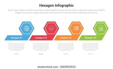 diagrama de plantillas de infografía de forma hexagonal o hexagonal con insignia de encabezado de sesgo creativo con diseño creativo de 4 pasos para presentación de diapositivas