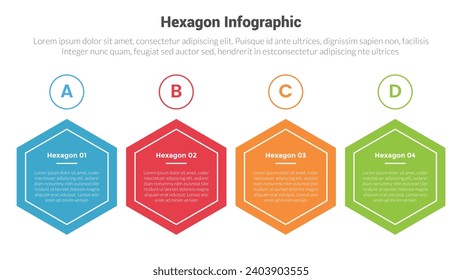 hexagon or hexagonal honeycombs shape infographics template diagram with horizontal direction and circle badge outline with 4 point step creative design for slide presentation