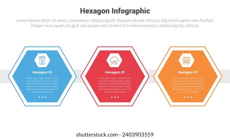 hexagon or hexagonal honeycombs shape infographics template diagram with horizontal outline with circle header with 3 point step creative design for slide presentation