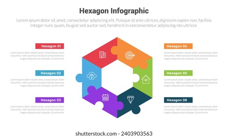 hexagon- oder hexagonale Honeycomben-Formdiagramm für Infografik-Vorlagendiagramm mit Puzzle-Puzzle-Puzzle-Puzzle-Puzzle mit 6-Punkt-kreativem Design für die Präsentation von Folien