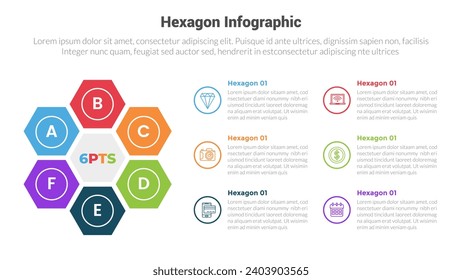 hexagon or hexagonal honeycombs shape infographics template diagram with big flower shape and circle outline with 6 point step creative design for slide presentation