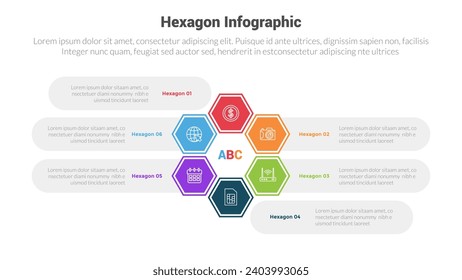 diagrama de plantillas de infografía de forma hexagonal o hexagonal con flor de contorno grande y descripción de rectángulo redondo con diseño creativo de 6 pasos para presentación de diapositivas