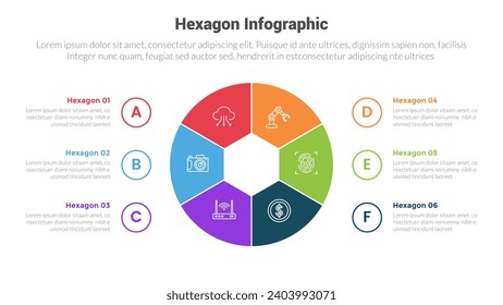 diagrama de plantillas de infografía de forma hexagonal o hexagonal con forma de gráfico circular y círculo de contorno con diseño creativo de 6 pasos para presentación de diapositivas