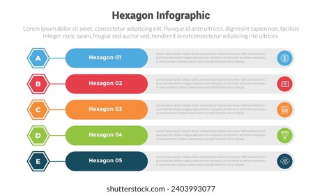 hexagon or hexagonal honeycombs shape infographics template diagram with long rectangle shape stack structure with 5 point step creative design for slide presentation